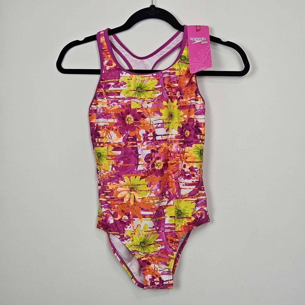 Speedo Girls Size 14 One-Piece Swimsuit Racerback Vibrant Floral Print NEW